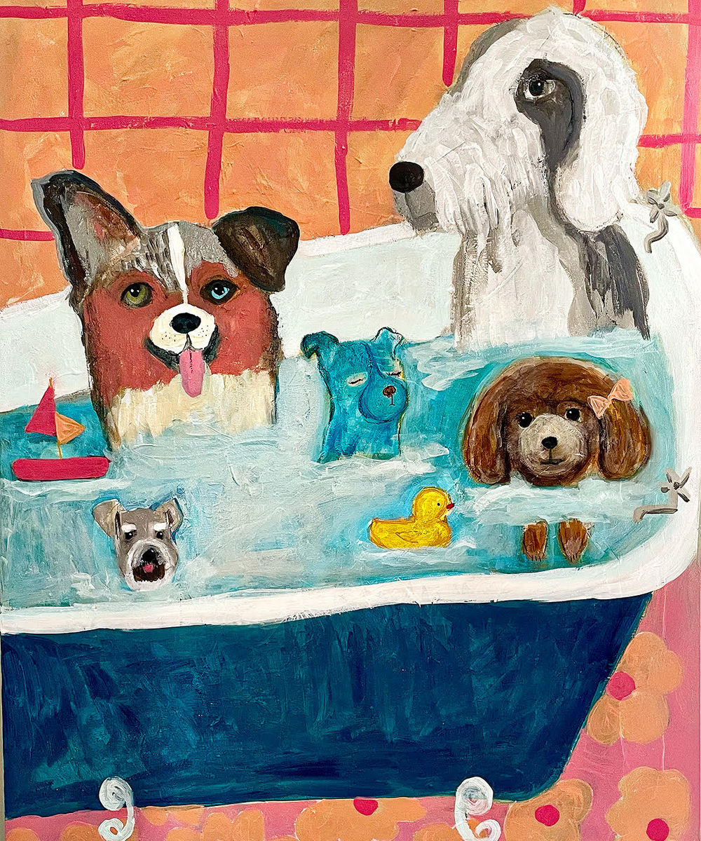 Painting of dogs enjoying a bubble bath — artwork by Stacy Newgent